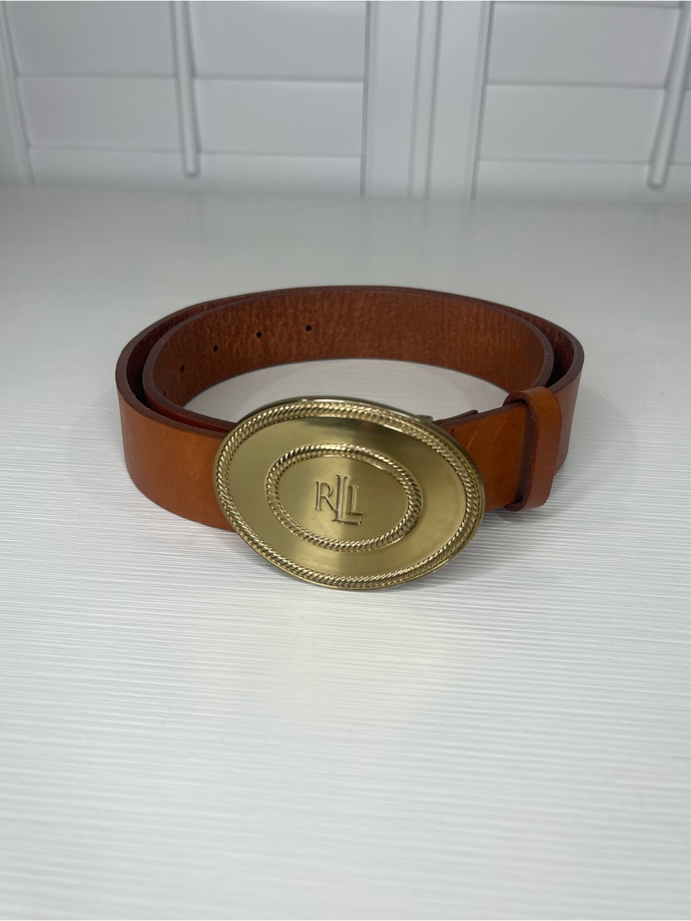 Lauren Ralph Lauren Brown Leather Belt with Gold LRL Oval Buckle